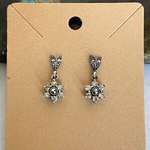 Sterling Silver 925 Cubic Zirconia & Marcasite Flower Dangle Stud Earrings